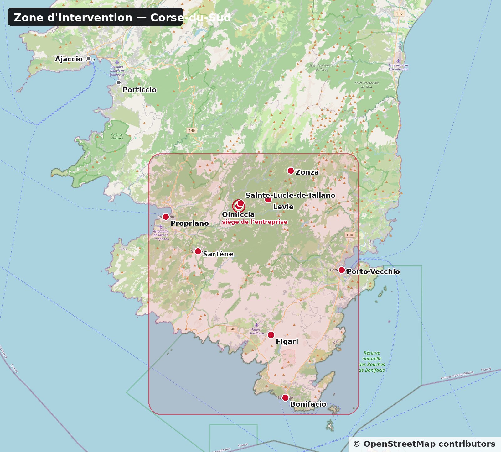 Carte de la zone d'intervention MARTINI-DRM en Corse-du-Sud